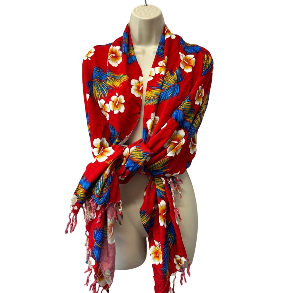 Red Tropical Hibiscus Palm Leaf Sarong Wrap Beach Cover Up with Fringe Trim